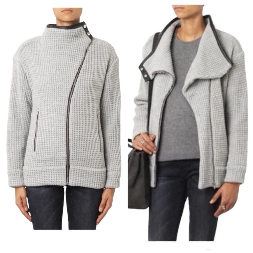 IRO Chelane Leather Trimmed Grey Knit Mock Neck Zip Up Moto Jacket Size 36 / S
